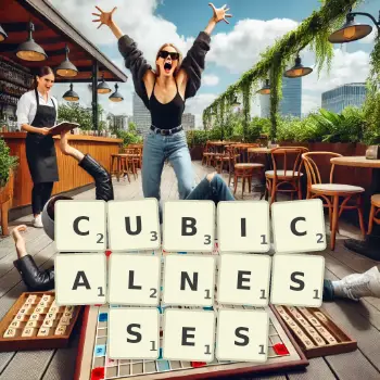 Creative illustration for a Scrabble game with the word CUBICALNESSES spelled out in tiles on the board.
