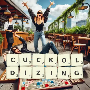 Creative illustration for a Scrabble game with the word CUCKOLDIZING spelled out in tiles on the board.