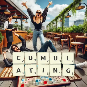 Creative illustration for a Scrabble game with the word CUMULATING spelled out in tiles on the board.