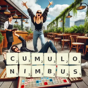 Creative illustration for a Scrabble game with the word CUMULONIMBUS spelled out in tiles on the board.