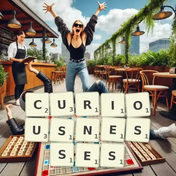 Creative illustration for a Scrabble game with the word CURIOUSNESSES spelled out in tiles on the board.