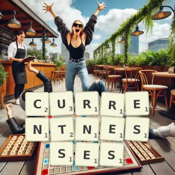 Creative illustration for a Scrabble game with the word CURRENTNESSES spelled out in tiles on the board.