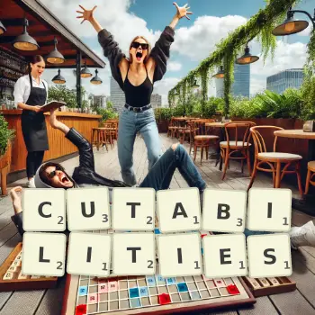 Creative illustration for a Scrabble game with the word CUTABILITIES spelled out in tiles on the board.