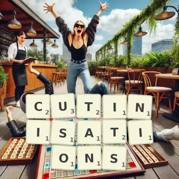 Creative illustration for a Scrabble game with the word CUTINISATIONS spelled out in tiles on the board.