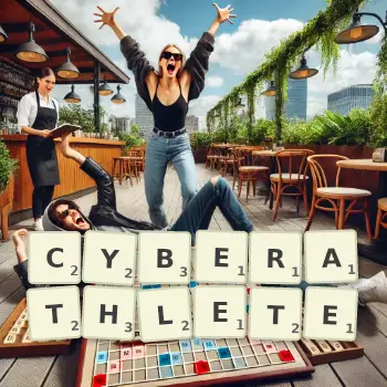 Creative illustration for a Scrabble game with the word CYBERATHLETE spelled out in tiles on the board.