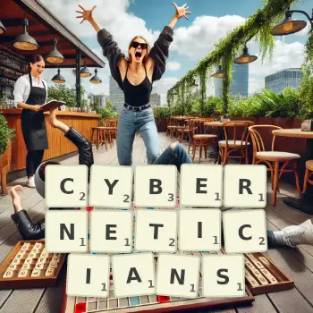 Creative illustration for a Scrabble game with the word CYBERNETICIANS spelled out in tiles on the board.