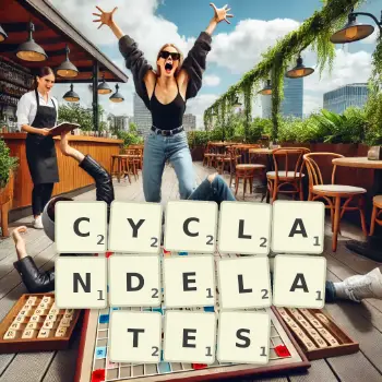 Creative illustration for a Scrabble game with the word CYCLANDELATES spelled out in tiles on the board.