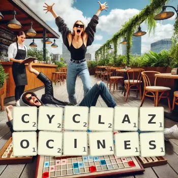 Creative illustration for a Scrabble game with the word CYCLAZOCINES spelled out in tiles on the board.