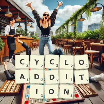 Creative illustration for a Scrabble game with the word CYCLOADDITION spelled out in tiles on the board.
