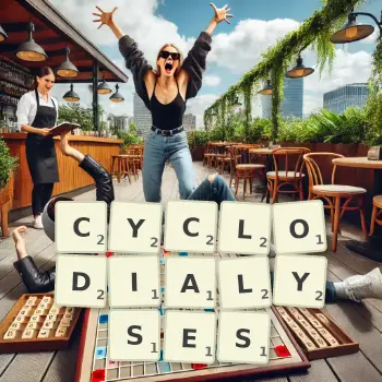 Creative illustration for a Scrabble game with the word CYCLODIALYSES spelled out in tiles on the board.