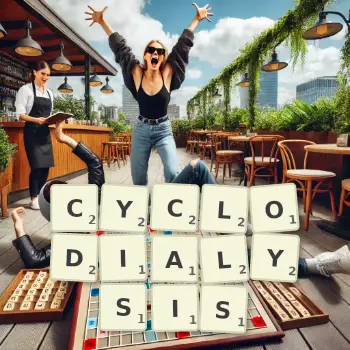 Creative illustration for a Scrabble game with the word CYCLODIALYSIS spelled out in tiles on the board.