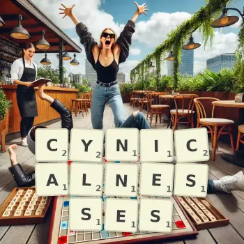 Creative illustration for a Scrabble game with the word CYNICALNESSES spelled out in tiles on the board.