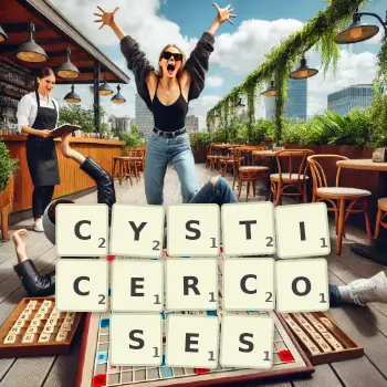 Creative illustration for a Scrabble game with the word CYSTICERCOSES spelled out in tiles on the board.