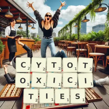 Creative illustration for a Scrabble game with the word CYTOTOXICITIES spelled out in tiles on the board.