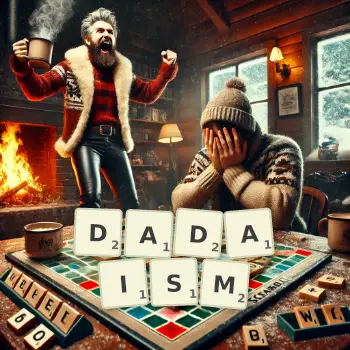Creative illustration for a Scrabble game with the word DADAISM spelled out in tiles on the board.