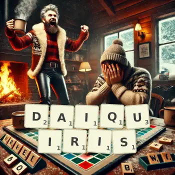 Creative illustration for a Scrabble game with the word DAIQUIRIS spelled out in tiles on the board.