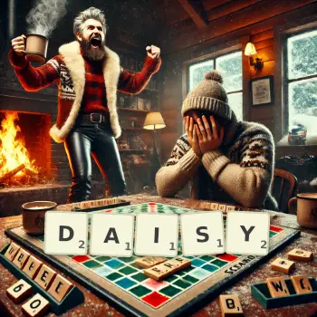 Creative illustration for a Scrabble game with the word DAISY spelled out in tiles on the board.