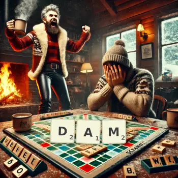 Creative illustration for a Scrabble game with the word DAM spelled out in tiles on the board.