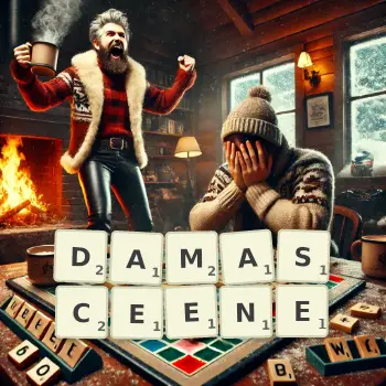 Creative illustration for a Scrabble game with the word DAMASCEENE spelled out in tiles on the board.