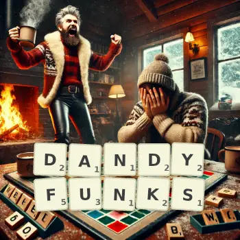 Creative illustration for a Scrabble game with the word DANDYFUNKS spelled out in tiles on the board.
