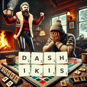 Creative illustration for a Scrabble game with the word DASHIKIS spelled out in tiles on the board.