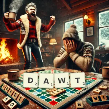 Creative illustration for a Scrabble game with the word DAWT spelled out in tiles on the board.