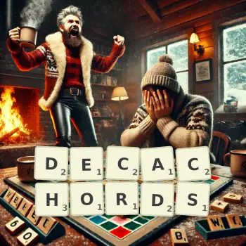 Creative illustration for a Scrabble game with the word DECACHORDS spelled out in tiles on the board.