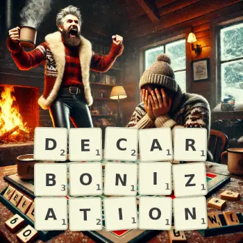 Creative illustration for a Scrabble game with the word DECARBONIZATION spelled out in tiles on the board.