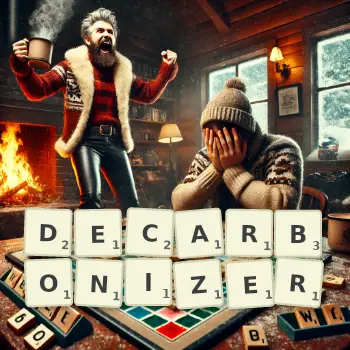 Creative illustration for a Scrabble game with the word DECARBONIZER spelled out in tiles on the board.