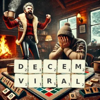 Creative illustration for a Scrabble game with the word DECEMVIRAL spelled out in tiles on the board.