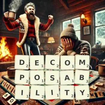 Creative illustration for a Scrabble game with the word DECOMPOSABILITY spelled out in tiles on the board.