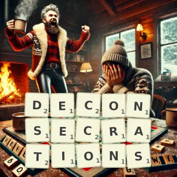 Creative illustration for a Scrabble game with the word DECONSECRATIONS spelled out in tiles on the board.