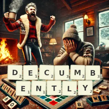 Creative illustration for a Scrabble game with the word DECUMBENTLY spelled out in tiles on the board.