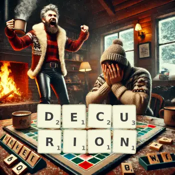 Creative illustration for a Scrabble game with the word DECURION spelled out in tiles on the board.