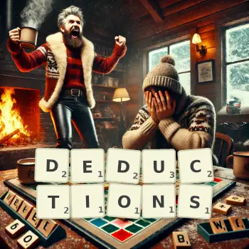 Creative illustration for a Scrabble game with the word DEDUCTIONS spelled out in tiles on the board.