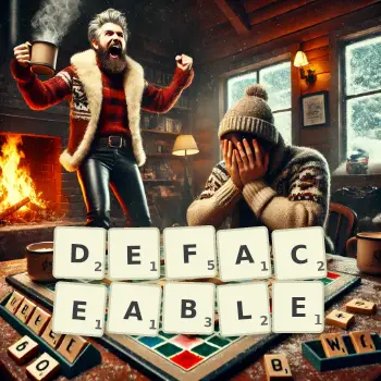 Creative illustration for a Scrabble game with the word DEFACEABLE spelled out in tiles on the board.