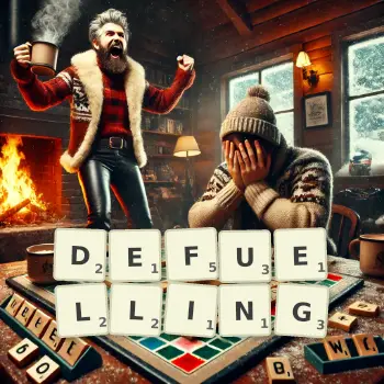 Creative illustration for a Scrabble game with the word DEFUELLING spelled out in tiles on the board.
