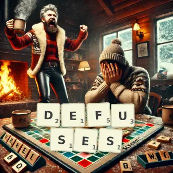 Creative illustration for a Scrabble game with the word DEFUSES spelled out in tiles on the board.