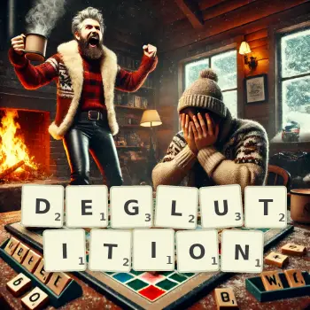 Creative illustration for a Scrabble game with the word DEGLUTITION spelled out in tiles on the board.