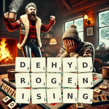 Creative illustration for a Scrabble game with the word DEHYDROGENISING spelled out in tiles on the board.