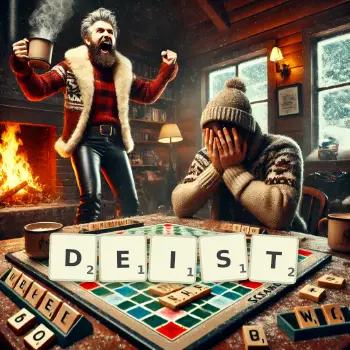 Creative illustration for a Scrabble game with the word DEIST spelled out in tiles on the board.