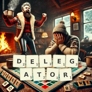 Creative illustration for a Scrabble game with the word DELEGATOR spelled out in tiles on the board.