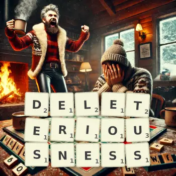 Creative illustration for a Scrabble game with the word DELETERIOUSNESS spelled out in tiles on the board.