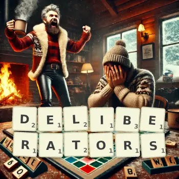 Creative illustration for a Scrabble game with the word DELIBERATORS spelled out in tiles on the board.