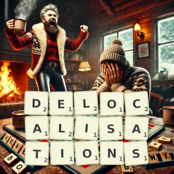 Creative illustration for a Scrabble game with the word DELOCALISATIONS spelled out in tiles on the board.