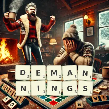 Creative illustration for a Scrabble game with the word DEMANNINGS spelled out in tiles on the board.