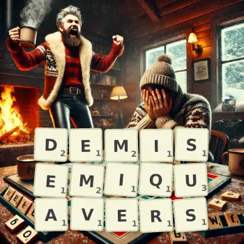 Creative illustration for a Scrabble game with the word DEMISEMIQUAVERS spelled out in tiles on the board.