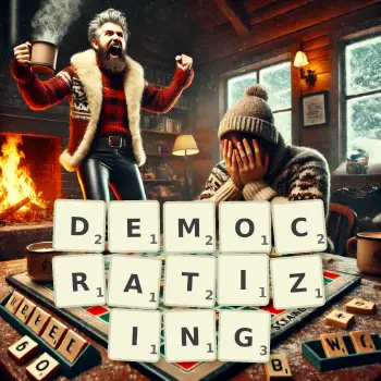 Creative illustration for a Scrabble game with the word DEMOCRATIZING spelled out in tiles on the board.