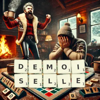 Creative illustration for a Scrabble game with the word DEMOISELLE spelled out in tiles on the board.