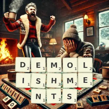 Creative illustration for a Scrabble game with the word DEMOLISHMENTS spelled out in tiles on the board.